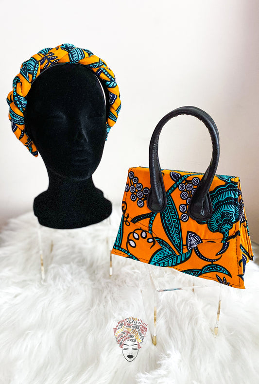 Afrikia Ankara Faux Leather Handle Mini Bag with Matching Braided Headband