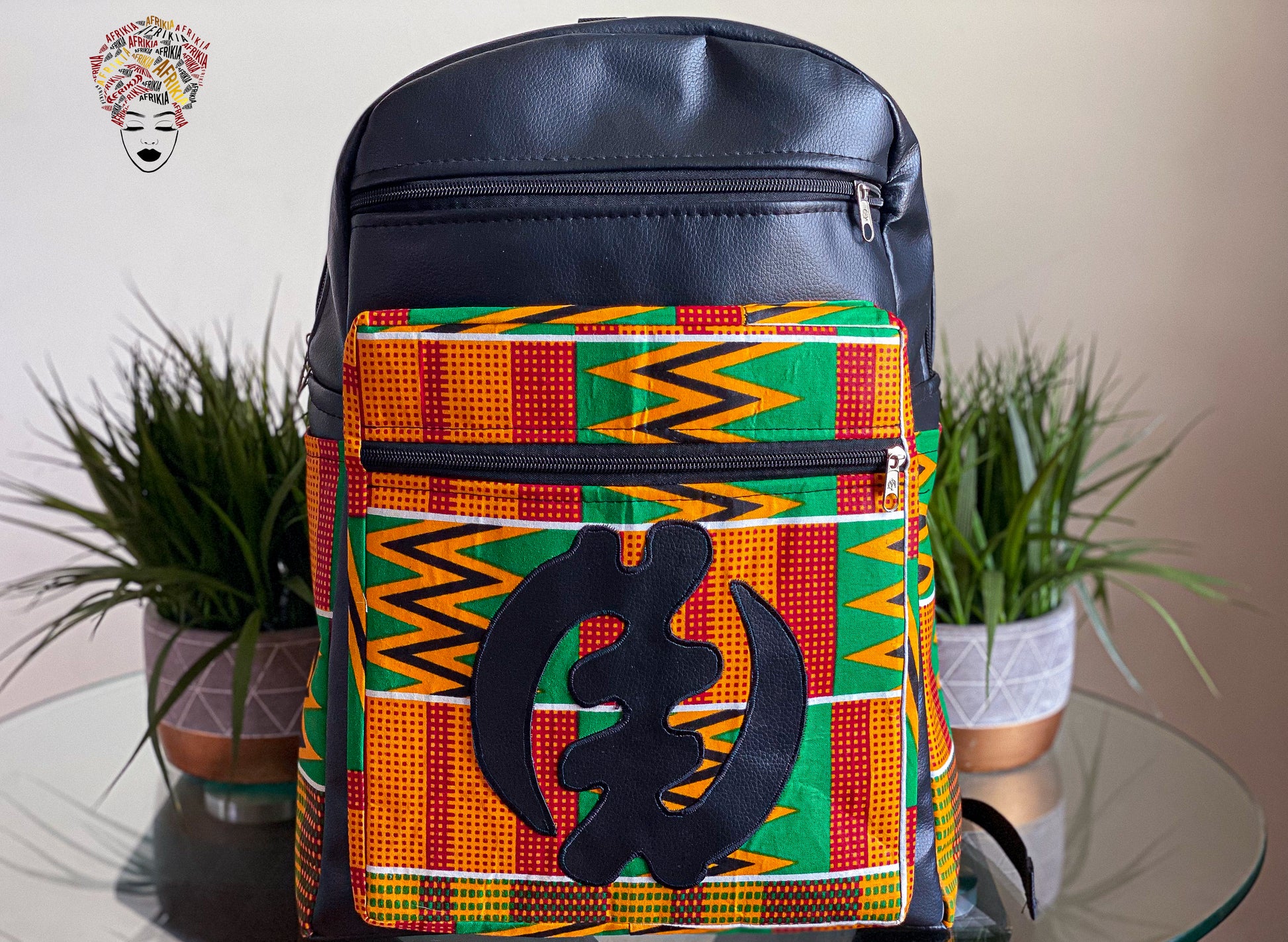 Afrikia Faux Leather Adinkra Symbol Backpack Afrikia Faux Leather Adinkra Symbol Backpack